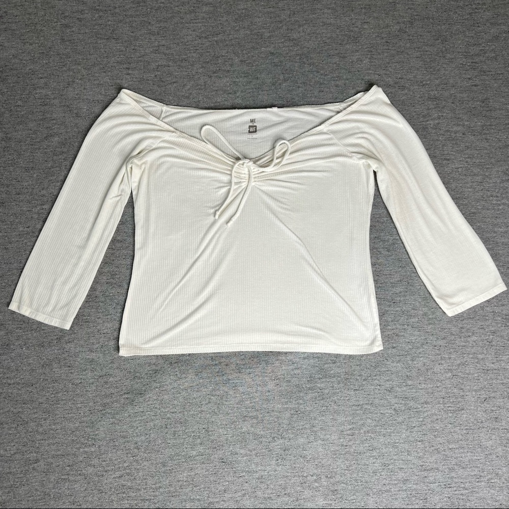 Me To We Off Shoulder Ruched & Ribbed Lace Up White Long Sleeve Size Large